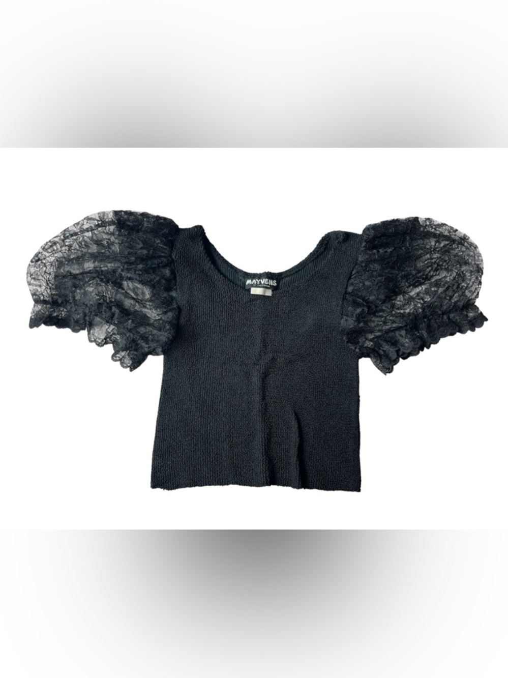 VINTAGE MAYVENS OF CALI BLACK PUFF SLEEVE CROP TOP WOMENS MEDIUM